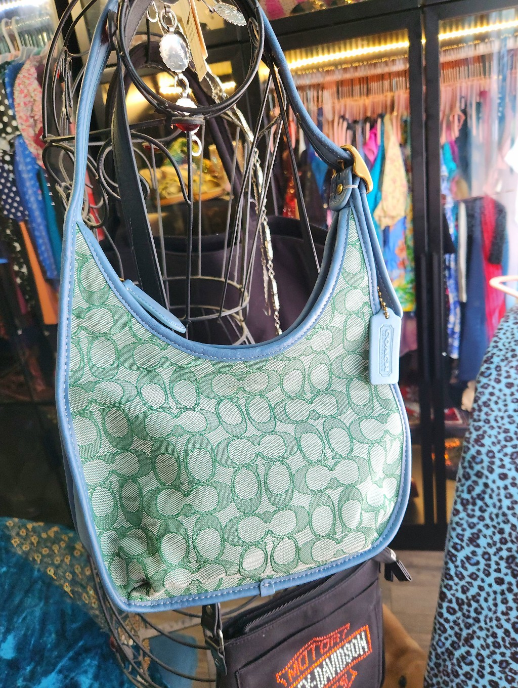 Coach Green Signature Crescent Shoulder Bag With Blue Trim
